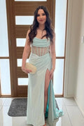 Abito da Ballo Lungo Prom con Corsetto Sirena Luccicante Blu Chiaro e Spacco PSK641