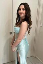 Sparkly Mermaid Corset Light Blue Long Prom Dress with Slit PSK641