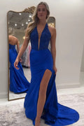 Abito da Ballo Lungo con Scollo a V e Bretelline a Triangolo Blu Reale Sfavillante Sirena PSK667