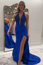 Sparkly Mermaid Halter V-Neck Royal Blue Long Prom Dress PSK667