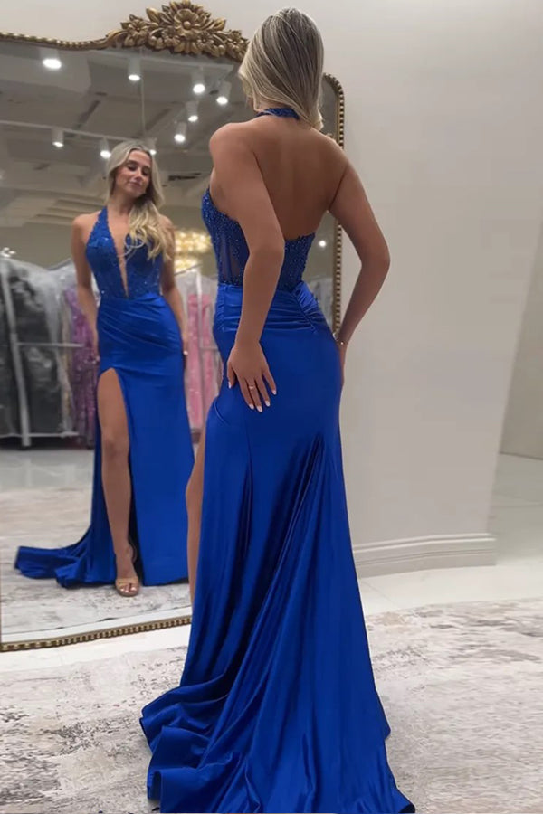 Sparkly Mermaid Halter V-Neck Royal Blue Long Prom Dress PSK667