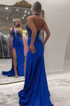 Sparkly Mermaid Halter V-Neck Royal Blue Long Prom Dress PSK667