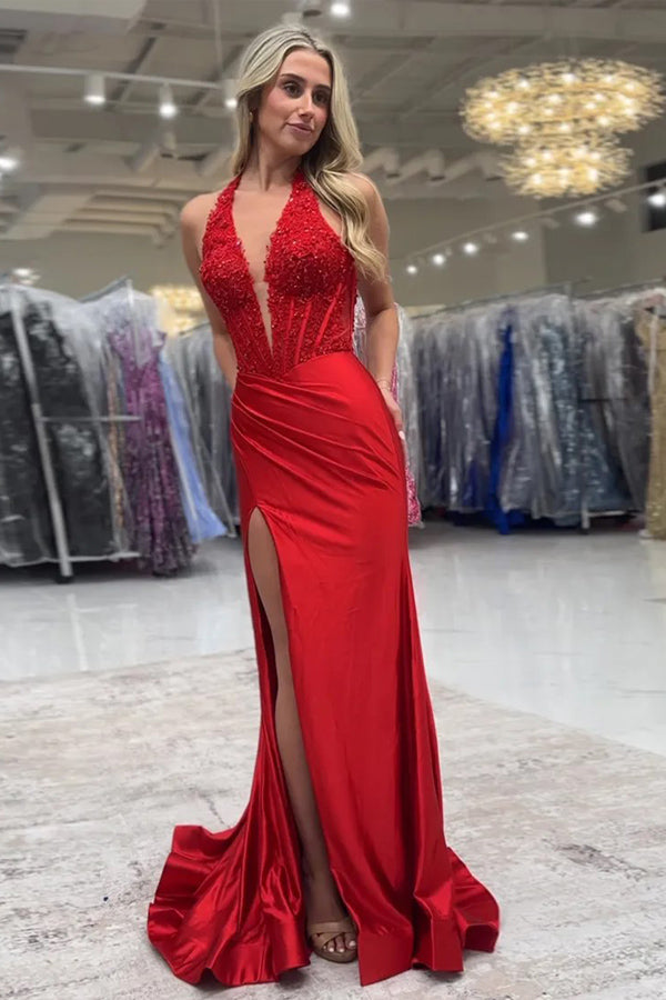 Sparkly Mermaid Halter V-Neck Royal Blue Long Prom Dress PSK667