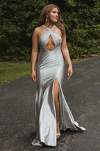 Sparkly Mermaid Silver Long Prom Dress with Beading PSK598