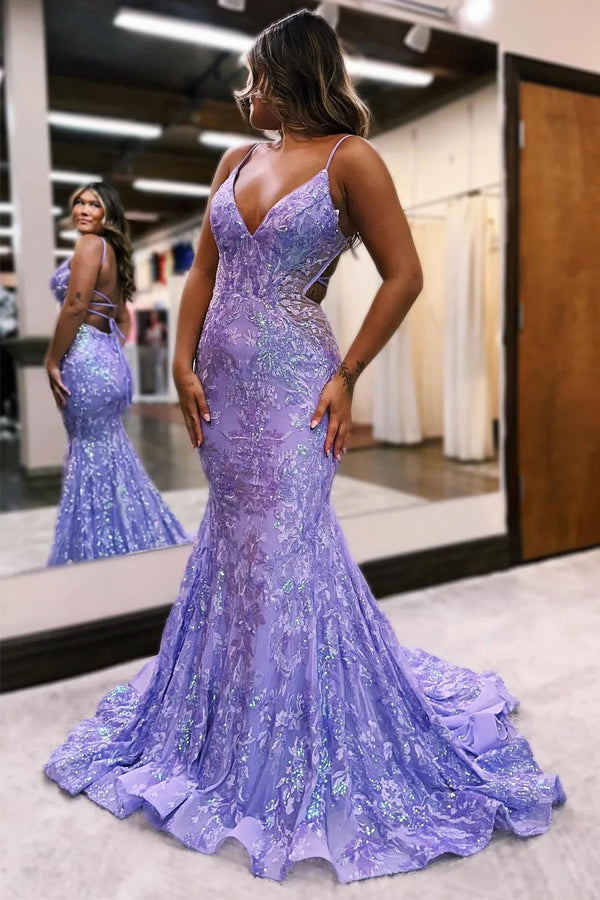 Sparkly Mermaid Spaghetti Straps Blue Prom Dress with Sequined PSK699