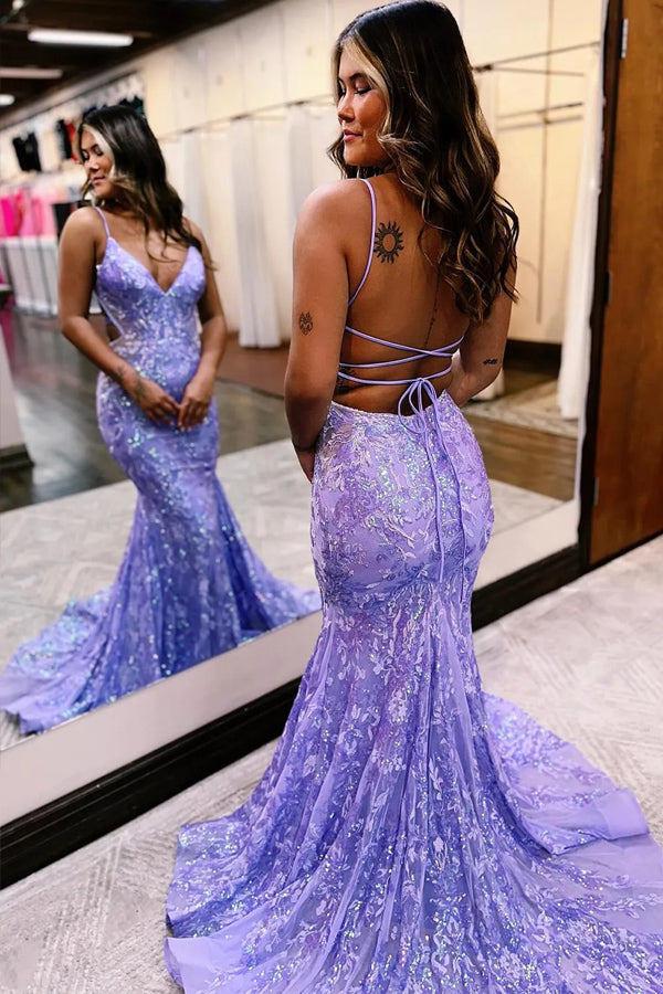 Sparkly Mermaid Spaghetti Straps Blue Prom Dress with Sequined PSK699