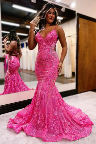 Glitzerndes Meerjungfrau-Ballkleid mit Spaghettiträgern und Pailletten in Blau PSK699