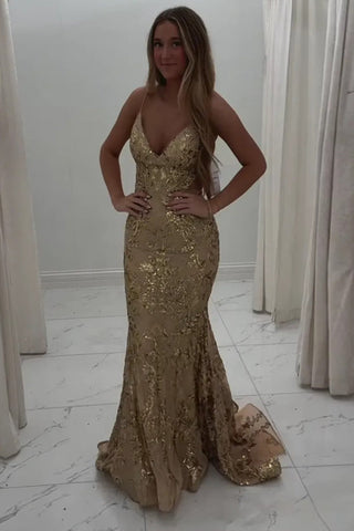 Glitzerndes Meerjungfrau-Ballkleid mit Spaghettiträgern und Pailletten in Blau PSK699