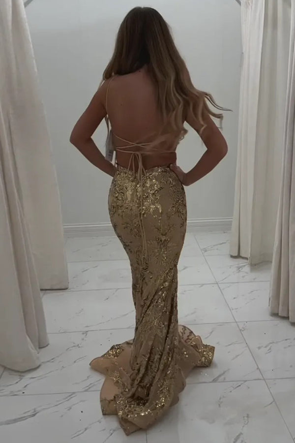 Sparkly Mermaid Spaghetti Straps Blue Prom Dress with Sequined PSK699