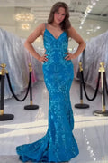 Abito da Ballo Blu Sirena Scintillante con Spaghetti Spalline e Paillettes PSK699