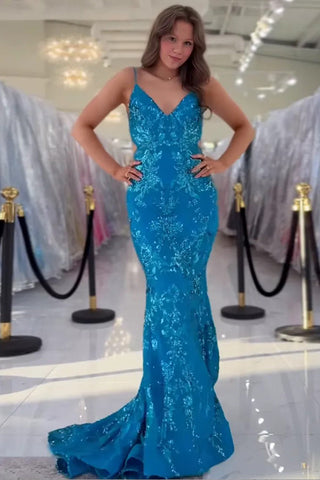 Glitzerndes Meerjungfrau-Ballkleid mit Spaghettiträgern und Pailletten in Blau PSK699