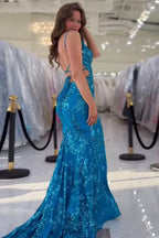 Sparkly Mermaid Spaghetti Straps Blue Prom Dress with Sequined PSK699