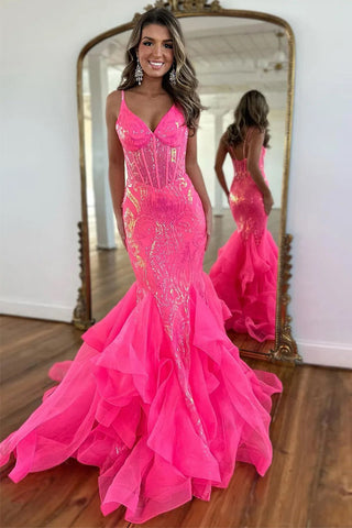 Vestido de festa rosa choque com alças finas e sereia brilhante PSK568