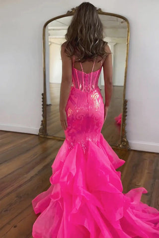 Vestido de festa rosa choque com alças finas e sereia brilhante PSK568
