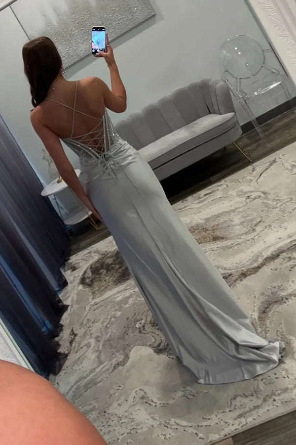 Sparkly Mermaid Spaghetti Straps Silver Corset Long Prom Dress PSK683