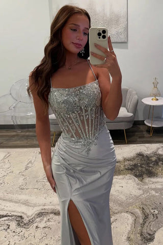 Sparkly Mermaid Spaghetti Straps Silver Corset Long Prom Dress PSK683