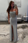 Abito da Ballo Lungo Prom con Corsetto Argento e Spaghetti Lucenti a Sirena PSK683