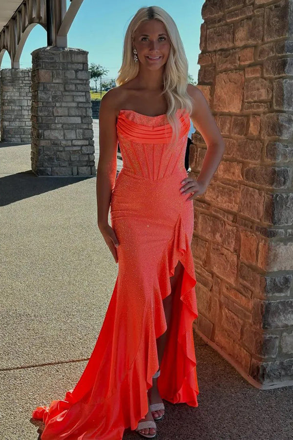 Sparkly Mermaid Strapless Corset Beaded Orange Prom Dress PSK698