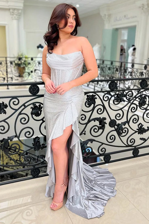 Sparkly Mermaid Strapless Corset Beaded Orange Prom Dress PSK698