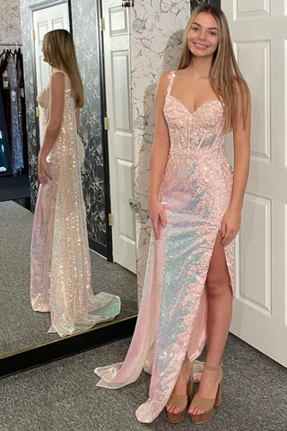 Vestido de festa rosa claro com aplicações de lantejoulas e um ombro só brilhante PSK654