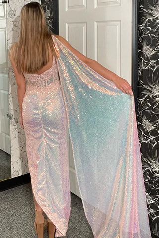 Vestido de festa rosa claro com aplicações de lantejoulas e um ombro só brilhante PSK654
