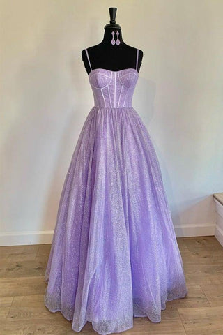 Glitzerndes A-Linien-Ballkleid mit herzförmigen Trägern und Tüll in Lila, langes Ballkleid PSK264