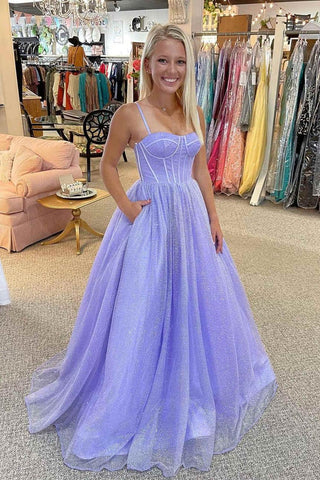 Glitzerndes A-Linien-Ballkleid mit herzförmigen Trägern und Tüll in Lila, langes Ballkleid PSK264