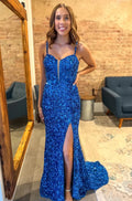 Abito da ballo lungo sirena scintillante blu reale con paillettes e spacco PSK494
