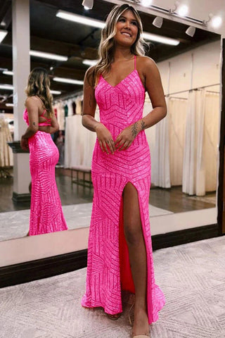 Vestido de festa comprido com lantejoulas laranja e racha PSK443