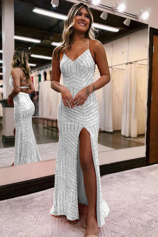 Vestido de festa comprido com lantejoulas laranja e racha PSK443