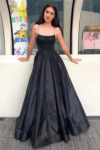 Glitzerndes schwarzes langes Ballkleid mit Spaghettiträgern und Applikationen PSK658