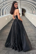 Sparkly Spaghetti Straps Black Long Prom Dress with Appliques PSK658