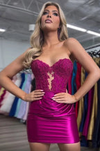 Sparkly Strapless Beaded Appliques Fuchsia Homecoming Dress PD548