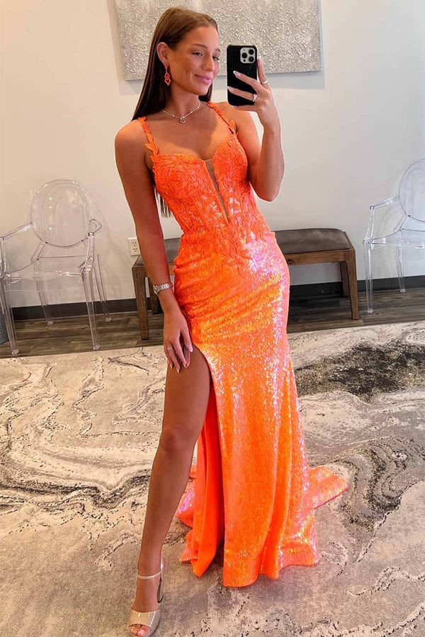 Sparkly Straps Orange Sequin Long Prom Dress with Appliques PSK708