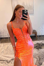 Sparkly Straps Orange Sequin Long Prom Dress with Appliques PSK708