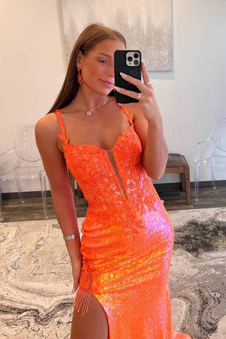 Sparkly Straps Orange Sequin Long Prom Dress with Appliques PSK708