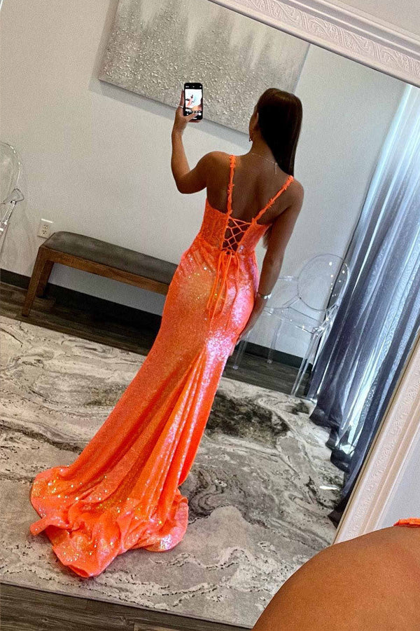 Sparkly Straps Orange Sequin Long Prom Dress with Appliques PSK708