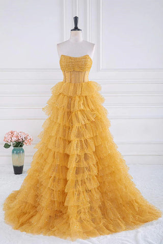 Glitzerndes, gestuftes, goldenes Ballkleid mit Rüschen, trägerloses Abendkleid PSK569