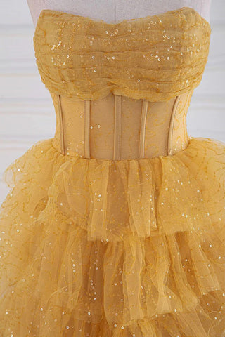 Glitzerndes, gestuftes, goldenes Ballkleid mit Rüschen, trägerloses Abendkleid PSK569