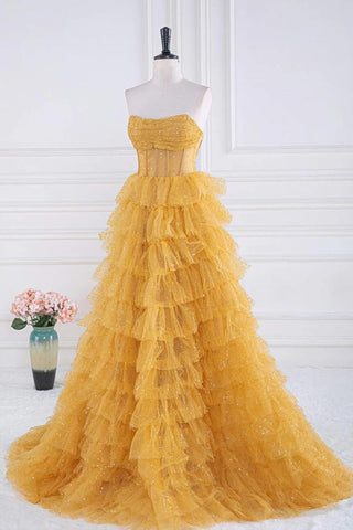 Glitzerndes, gestuftes, goldenes Ballkleid mit Rüschen, trägerloses Abendkleid PSK569