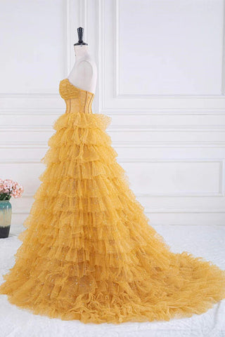 Glitzerndes, gestuftes, goldenes Ballkleid mit Rüschen, trägerloses Abendkleid PSK569