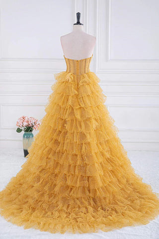 Glitzerndes, gestuftes, goldenes Ballkleid mit Rüschen, trägerloses Abendkleid PSK569
