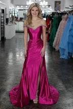 Sparkly Mermaid Fuchsia Off the Shoulder Corset Long Prom Dress PSK582