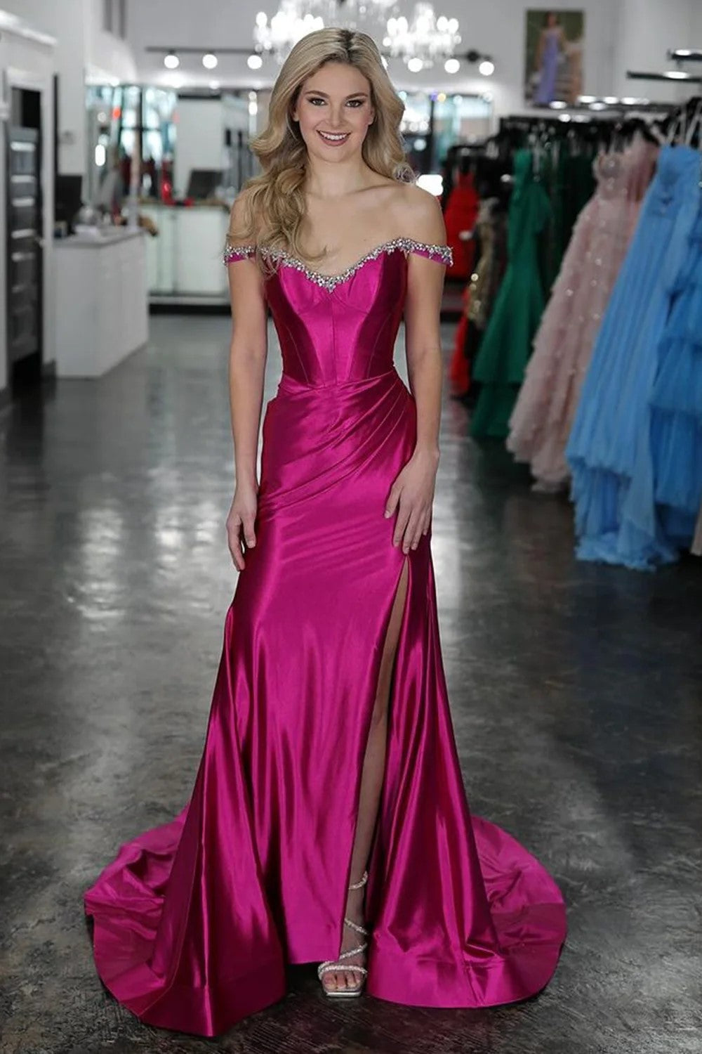 Sparkly Mermaid Fuchsia Off the Shoulder Corset Long Prom Dress PSK582