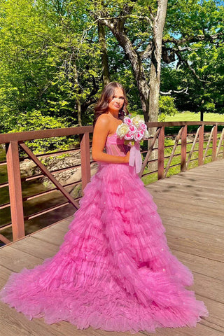Glitzerndes, gestuftes, goldenes Ballkleid mit Rüschen, trägerloses Abendkleid PSK569