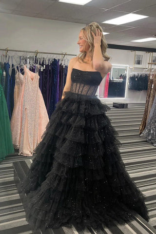 Glitzerndes, gestuftes, goldenes Ballkleid mit Rüschen, trägerloses Abendkleid PSK569