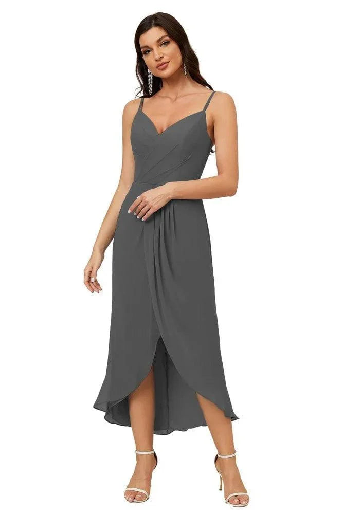 Numbersea Spaghetti-Träger Chiffon V-Ausschnitt Brautjungfernkleid Mittellanger Schlitz Formelles Abschlussballkleid Homecoming-Kleid 2803