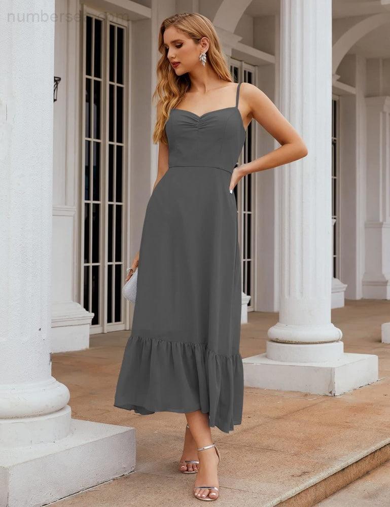Numbersea Spaghetti-Träger Chiffon Brautjungfernkleid Knöchellänge Formell A-Linie Cocktail Party Homecoming-Kleid für Juniorinnen SEA28028