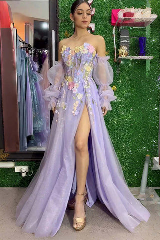 Trägerloses lavendelfarbenes Ballkleid mit 3D-Blumenmuster und abnehmbaren Ärmeln PSK668