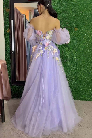Trägerloses lavendelfarbenes Ballkleid mit 3D-Blumenmuster und abnehmbaren Ärmeln PSK668